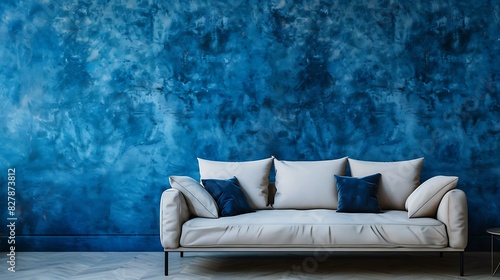 Elegant minimalism defined by clean lines and gentle curves against a rich, velvety blue wall.