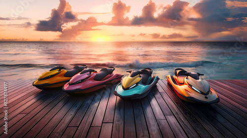 Four jet ski boats on wooden deck in front of sea or ocean water waves at the sunset. Extreme summer sport power action, fast racing, holiday vacation leisure