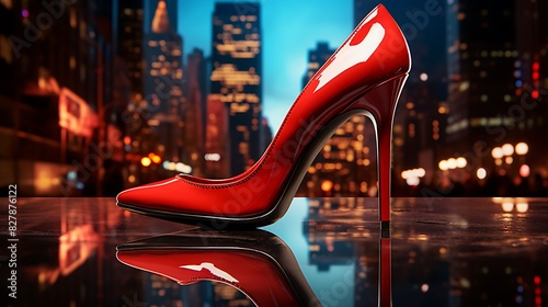 a red patent leather pumps against a cityscape backdrop, adding a bold pop of color to an urban setting.