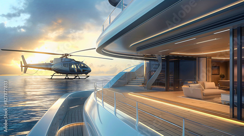 Helicopter flying near the luxury yacht cruiser boat. Rich and wealthy millionaire billionaire dream lifestyle, ocean sea and air summer transport and travel, private chopper