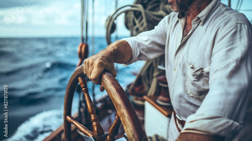 Closeup man ship captain holding his hand on wooden rudder helm wheel, sea or ocean water waves sunset. Nautical sailor boat, professional navigator crew, steering, deck