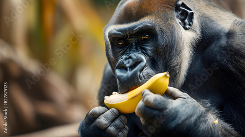 Closeup of big silver back gorilla ape eating banana fruit, herbivore monkey animal, jungle zoo primate vegetarian