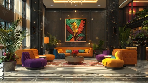 Hotel lobby with a mix of bold colors and neutral tones, realistic interior design
