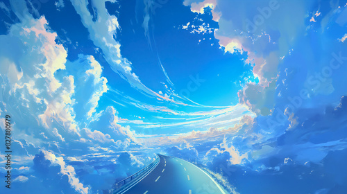 Highway asphalt road street in blue sky with white clouds, empty dreamy heaven motorway illustration. Transport and travel journey wallpaper