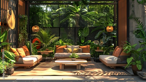 Home garden showcasing a large, statement seating area, realistic interior design