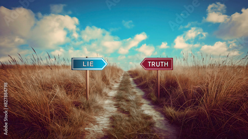 Red and blue signs for lie and truth outdoors in nature field road path. False and fake or true and trustworthy information concept, choice, reality, deception, fraud, news, speech, rumor