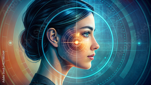 A woman with futuristic circles around her face representing artificial intelligence,digitized female face in profile, laser sight, concept of ophthalmology and laser correction