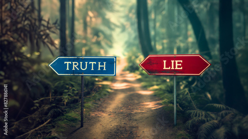 Red and blue signs for lie and truth. Choice between right and wrong, dishonesty and honesty, facts and fake fraud information. Check facts