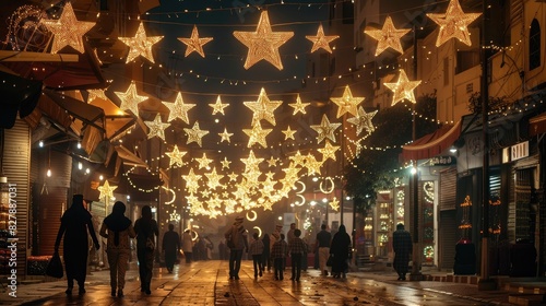A street decorated with star and crescent lights for Eid-al-Adha, with families walking and celebrating