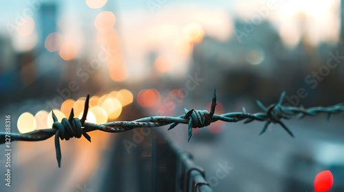 Close-up of a barbed wire fence running along a city road, with blurred traffic in the background.