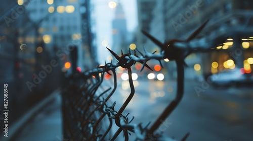 Detailed shot of a barbed wire fence separating the sidewalk from the busy city street.