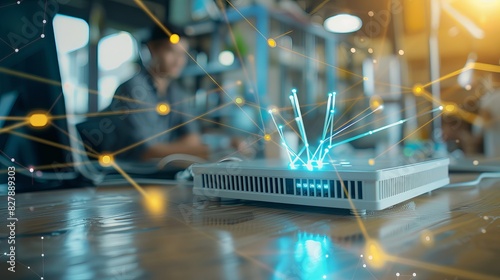 Selective focus on an internet router on a working table, with a blurred man connecting a cable in the background. Fast, high-speed internet connection from a fiber line with futuristic icons.