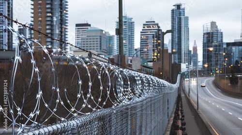 View of a barbed wire fence along the edge of the city road, with tall buildings towering in the background.