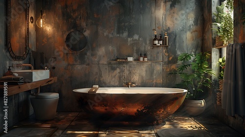 Bathroom with a mix of materials like wood, metal, and stone, realistic interior design