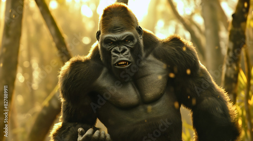 Big angry gorilla animal monster in wildlife jungle or forest, dangerous mad and aggressive king kong, muscular powerful monkey beast