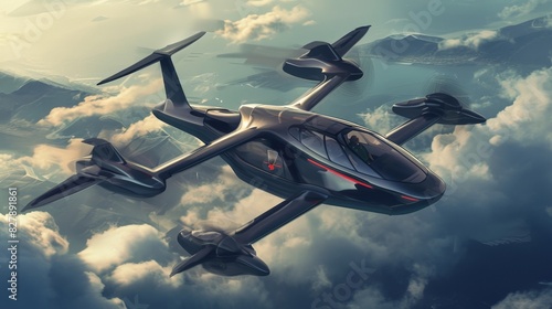A highspeed air taxi with a slim and elongated body built for quick travel between bustling cities.