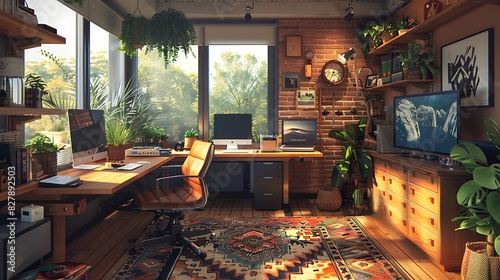 Workstation with a mix of bold patterns and neutral tones, realistic interior design
