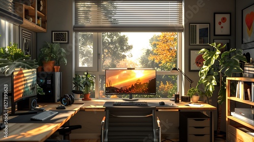 Workstation designed with a mix of natural light and task lighting, realistic interior design