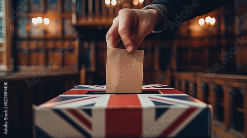A person entering a vote into a ballot box Great britain union jack flag. United Kingdom elections