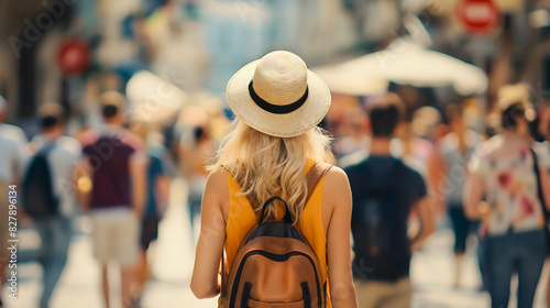 Rear back view of one young tourist woman with blonde hair wearing backpack and hat, old town culture, famous landmark building, summer travel