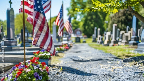 A row of American Flags and gravestones in a National Cemetery Memorial Day : Generative AI