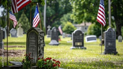 Small American flags and headstones at National cemetary Memorial Day display with copy : Generative AI