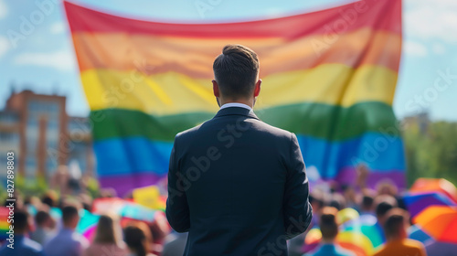 A man looking at rainbow flag with group of diverse people celebrating pride festival together, LGBTQ community concept. 