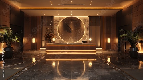 Reception area showcasing a large, statement mirror, realistic interior design