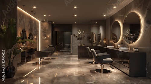 Modern salon with sleek furniture and stylish decor, realistic interior design