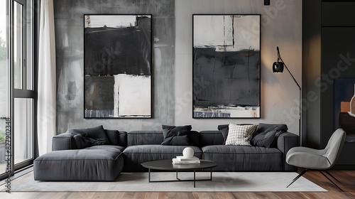 A contemporary space with a charcoal gray sofa, minimalist coffee table, and large abstract paintings