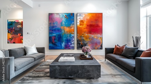 A contemporary space with a charcoal gray sofa, minimalist coffee table, and large abstract paintings