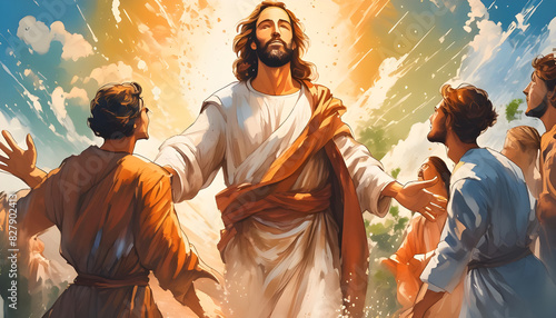 the resurrected Jesus appearing to his followers splashes. Digital illustration