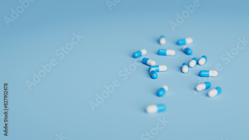 White and blue pills on blue background with shallow DOF. Drugs, pills, tablets, medicine concept. 3d render illustration