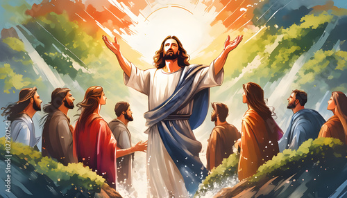 the resurrected Jesus appearing to his followers splashes. Digital illustration