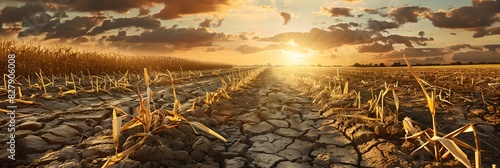 Barren field with dry corn stalks at sunset. Dry cracked earth. Natural disaster and drought concept. Global warming and climat change. Design for banner, poster. Panoramic view. 