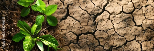 Young plants sprouting from cracked dry soil. Natural disaster and drought concept. Global warming and climat change. Design for banner, header with copy space