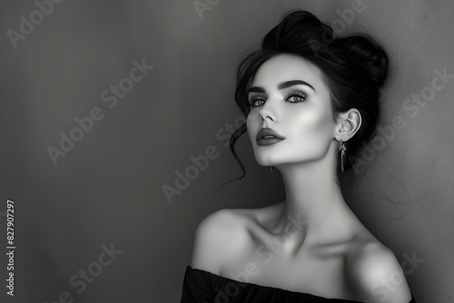 Elegant Glamour: Dark-Haired Beauty in Black Dress, Sophisticated Fashion