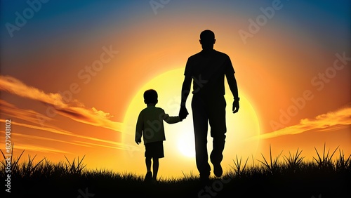Emotional Father's Day Art Father and Son Holding Hands Silhouette at Sunset Background Poster Banner Gift Card