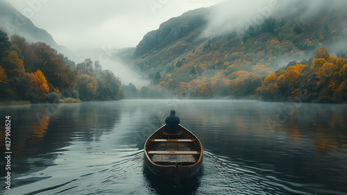 Boat glides serenely on misty lake, framed by lush green hills and soft clouds in Scottish landscape