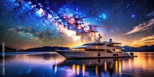 Luxurious nighttime view of a sleek yacht on the water under the stars