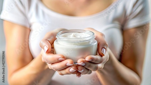 High-quality stock photo of a woman's hands holding a jar of cream for beauty product display