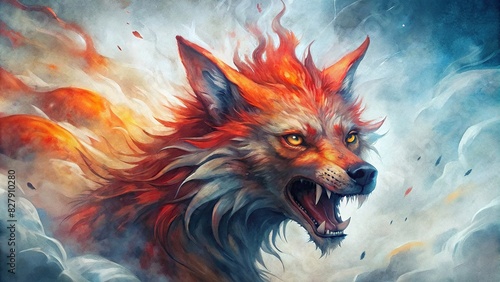 Epic fenrir with fiery fur in a generative watercolor painting