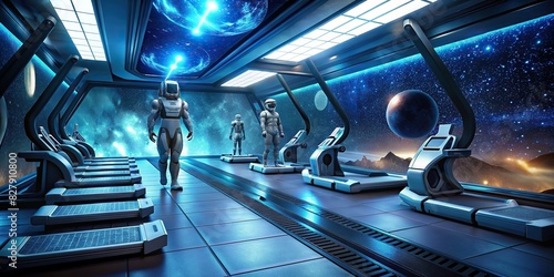 A futuristic gym for a space tourism company, featuring zero-gravity simulators and astronaut training equipment