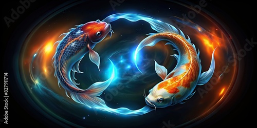 Beauty koi fish swimming in circular yin and yang on black background with a glowing effect