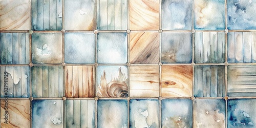 Tiled wall with natural wood and tile wallpaper, created with generative in a watercolor style