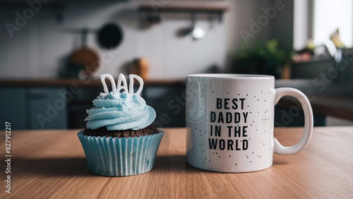 homemade cupcake and white coffee mug with "BEST DADDY IN THE WORLD" printed on it, happy father's day gift idea, breakfast surprise