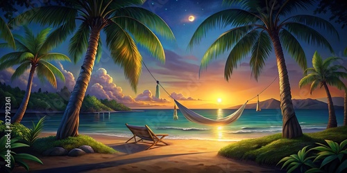 Tropical beach scene with empty hammock between palm trees