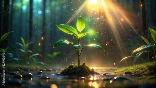 A young plant bathed in sunlight while being nourished by rainwater
