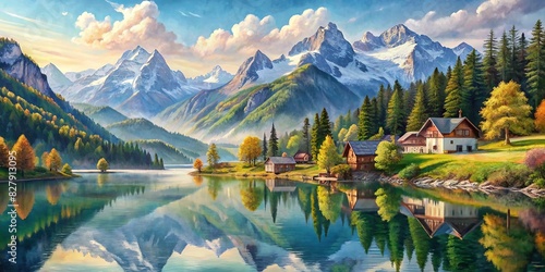 A realistic watercolor of the Alps and a serene lake
