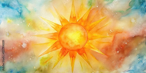 Orange yellow sunburst burst of light with stars beam on a background, watercolor effect